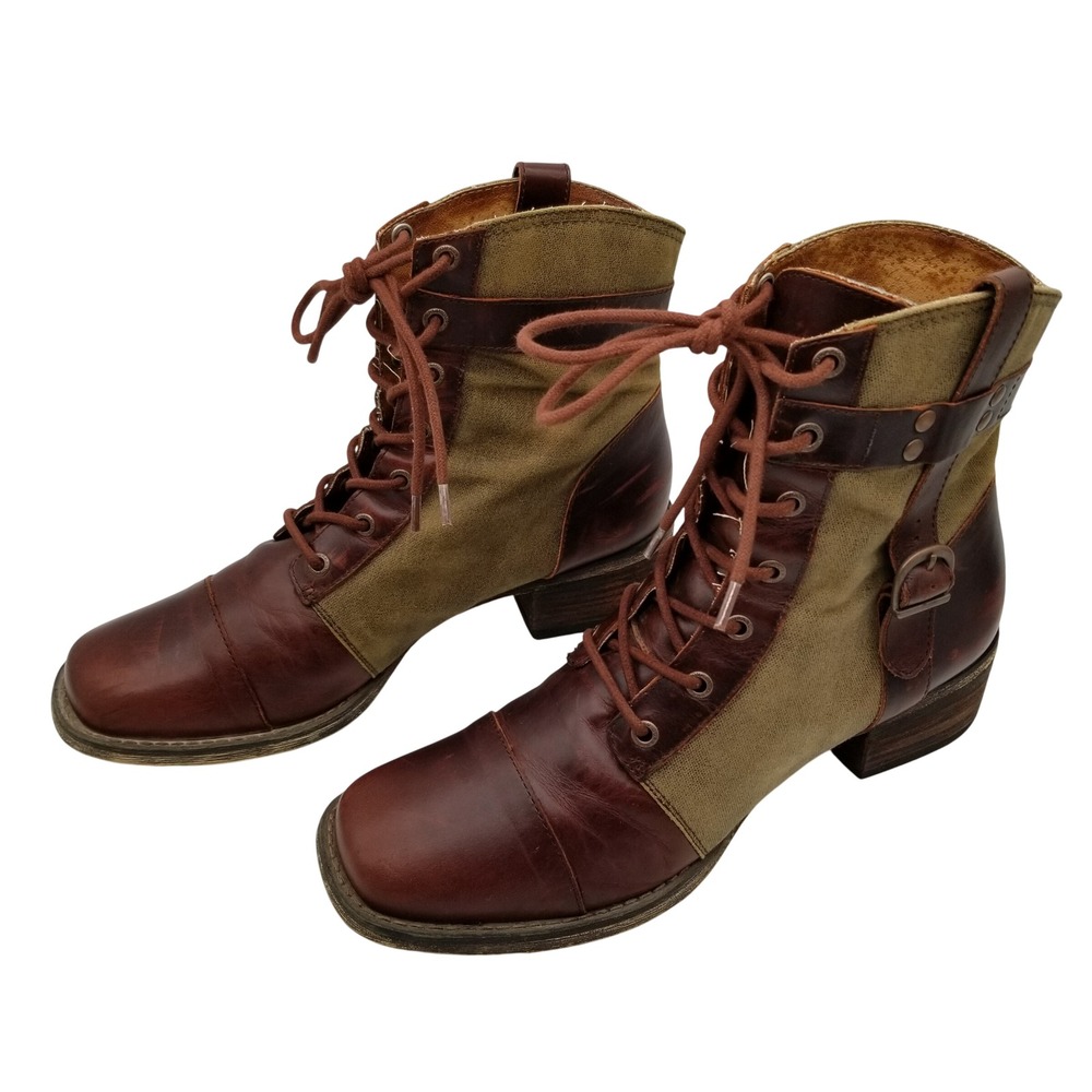 Durango Combat Ankle Boots Womens 10 Brown Olive Leather Canvas Lace Up Buckle